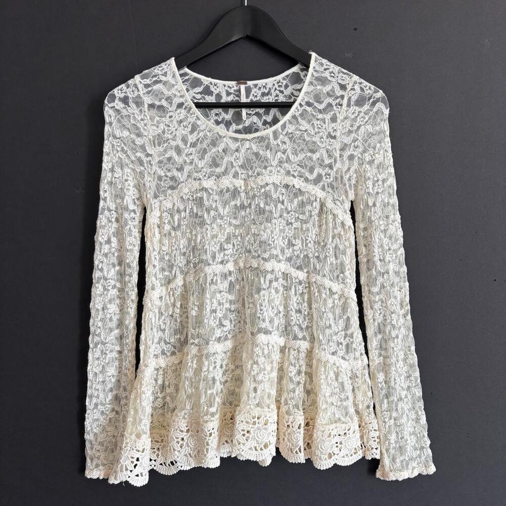 Free People Ivory Lace Tiered Peplum Bell Sleeve Top cottagecore - Size XS